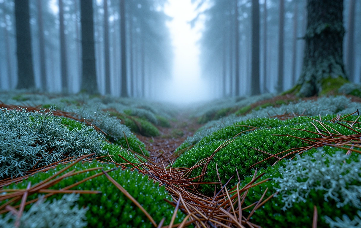 Suomalainen metsämaisema aamun usvassa