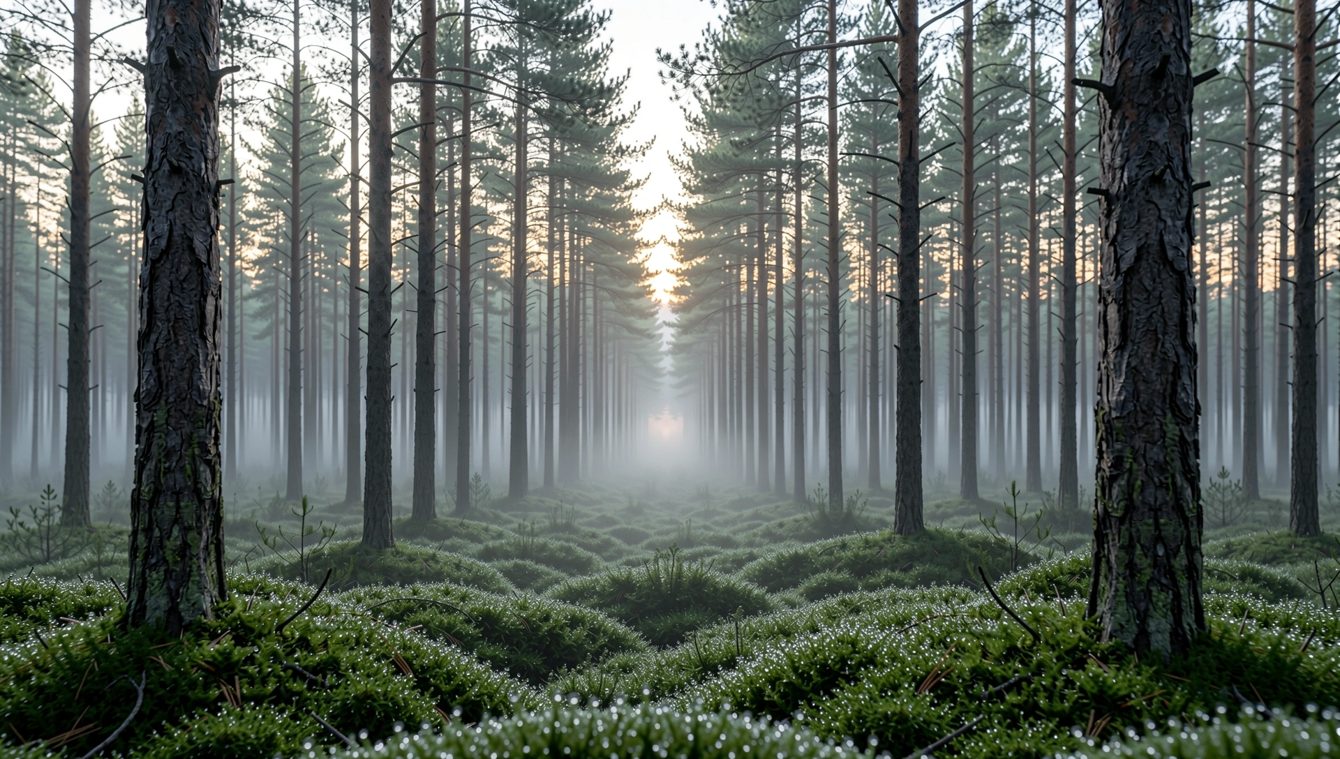 Suomalainen metsämaisema aamukasteessa